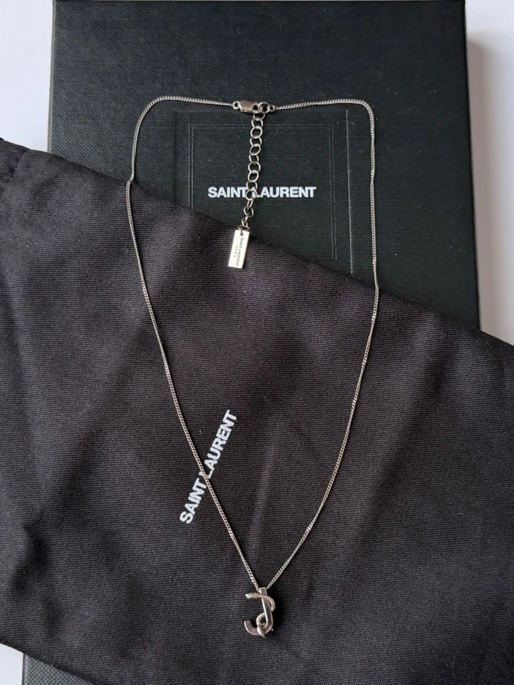 Saint Laurent YSL Sterling Silver J Initial Letter Snake Pendant Chain Necklace